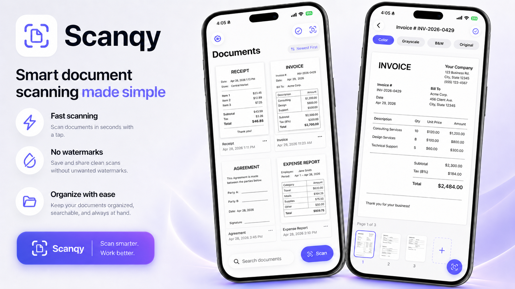Scanqy app on iPhone showing Documents library and Invoice detail screens