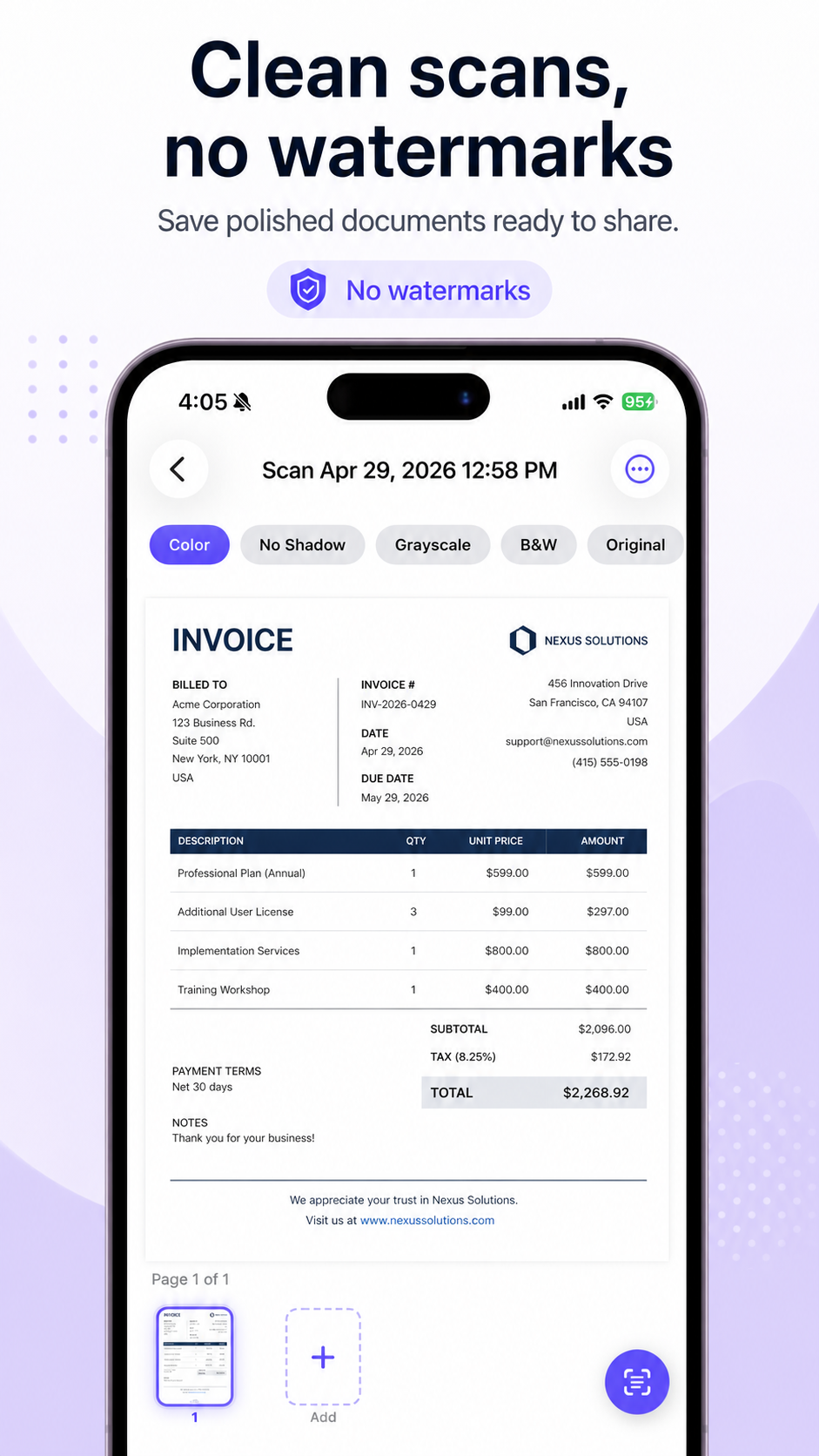 Scanqy invoice with color filter modes on iPhone